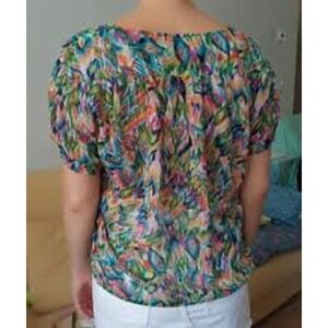 ZARA BASIC Womens Multicolor Abstract Print Short Sleeve V Neck Blouse Top XS